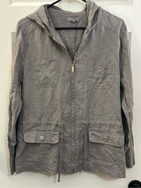 Kenar 100% Linen Gray Hooded Utility Jacket Full Zip Cinch Waist Size L